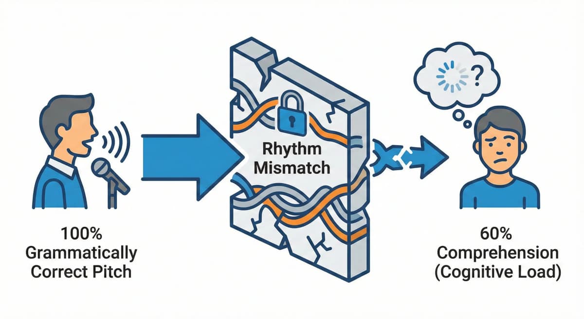 Diagram showing a 100% correct pitch being filtered by a rhythm mismatch, resulting in only 60% listener comprehension